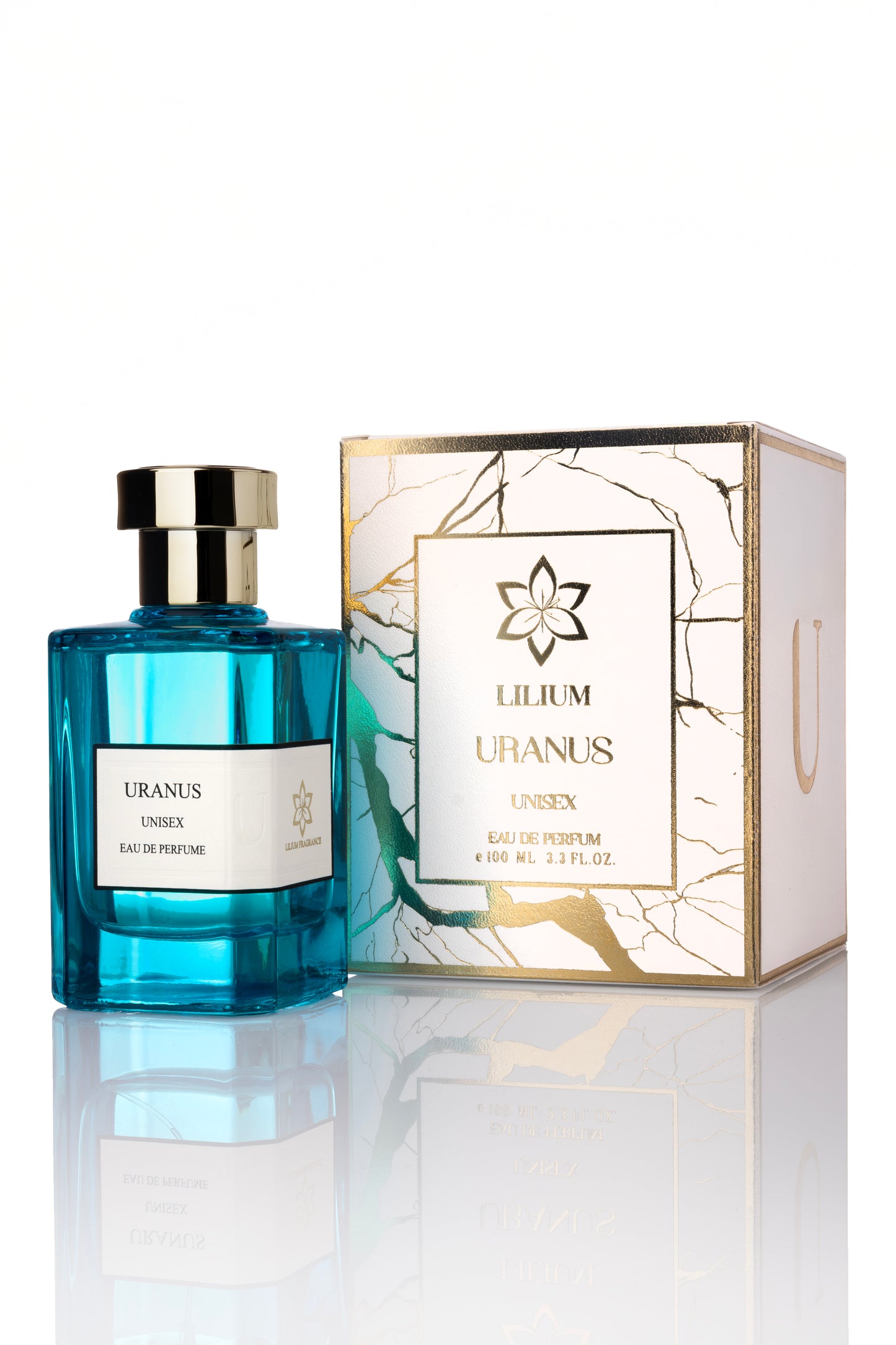 Blue perfume bottle and packaging with 'Lilium Uranus' branding on a white background