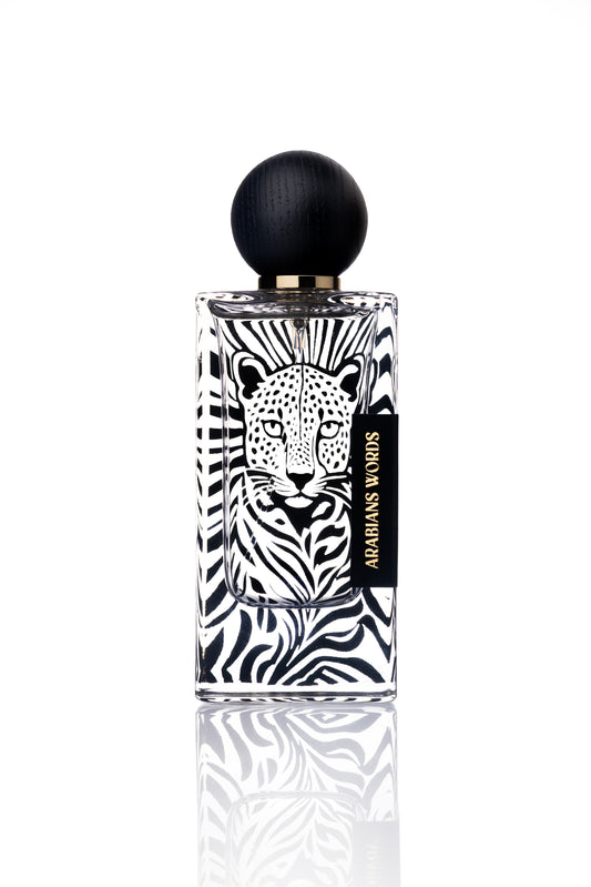 Perfume bottle with zebra pattern design on a white background ARABIANS WORDS PERFUME