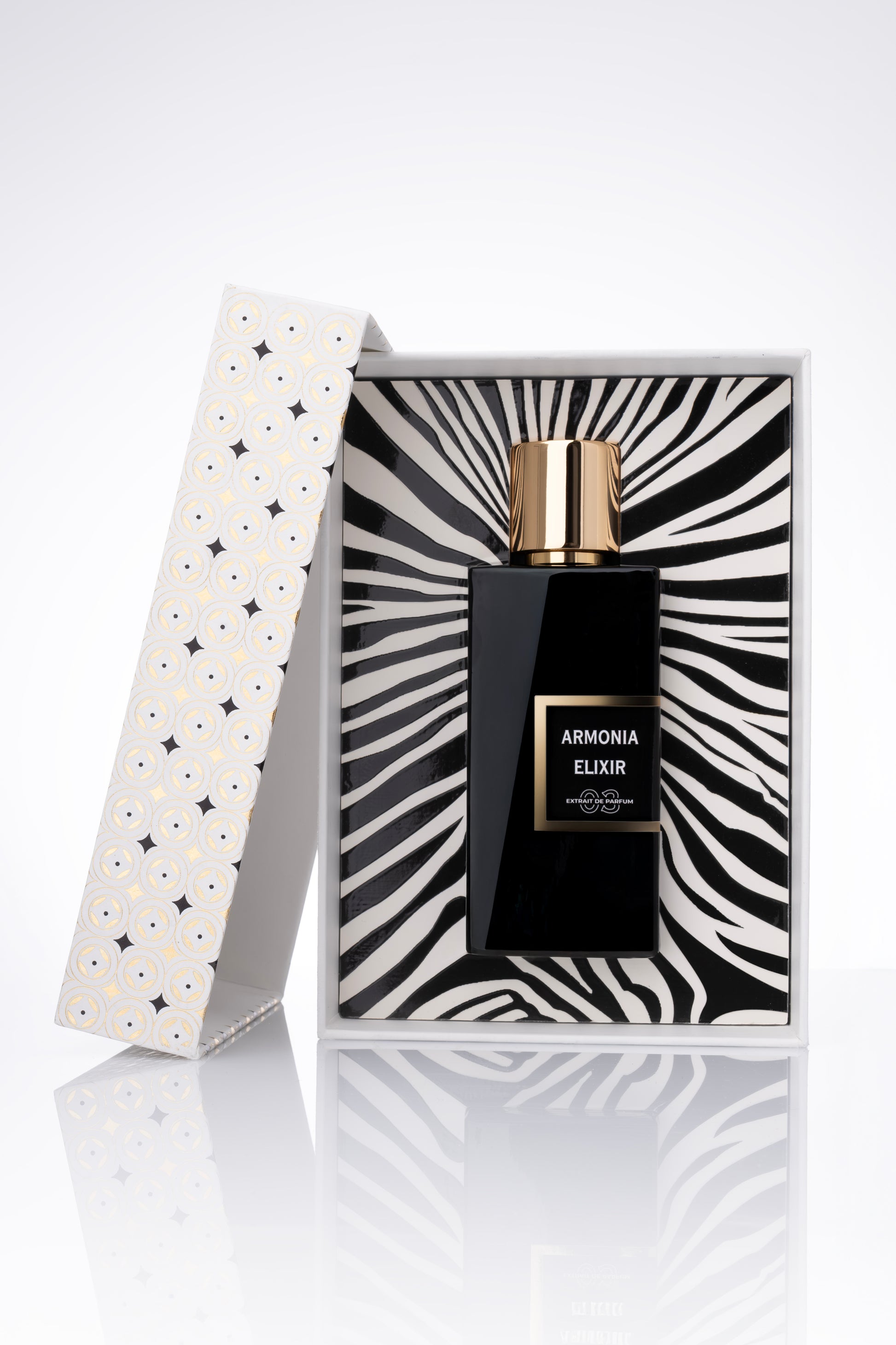 Perfume bottle in a decorative box with zebra pattern armonia elixir perfume
