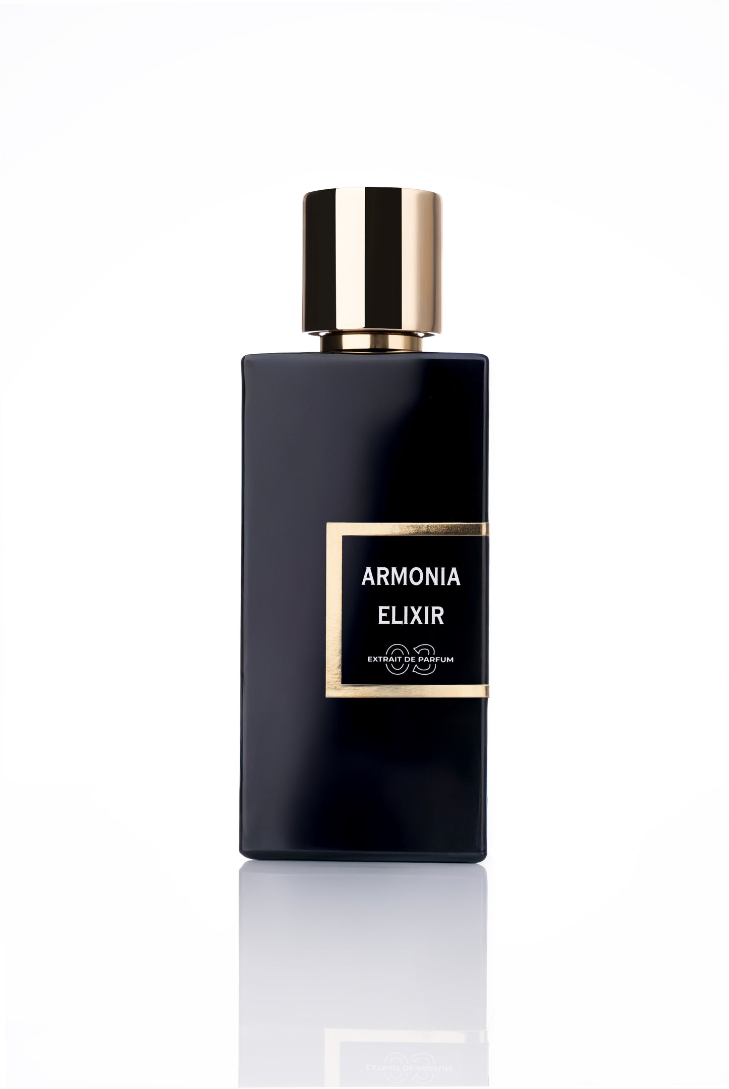Black perfume bottle labeled 'Armonia Elixir' on a white background