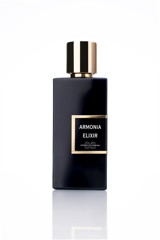 Black perfume bottle labeled 'Armonia Elixir' on a white background