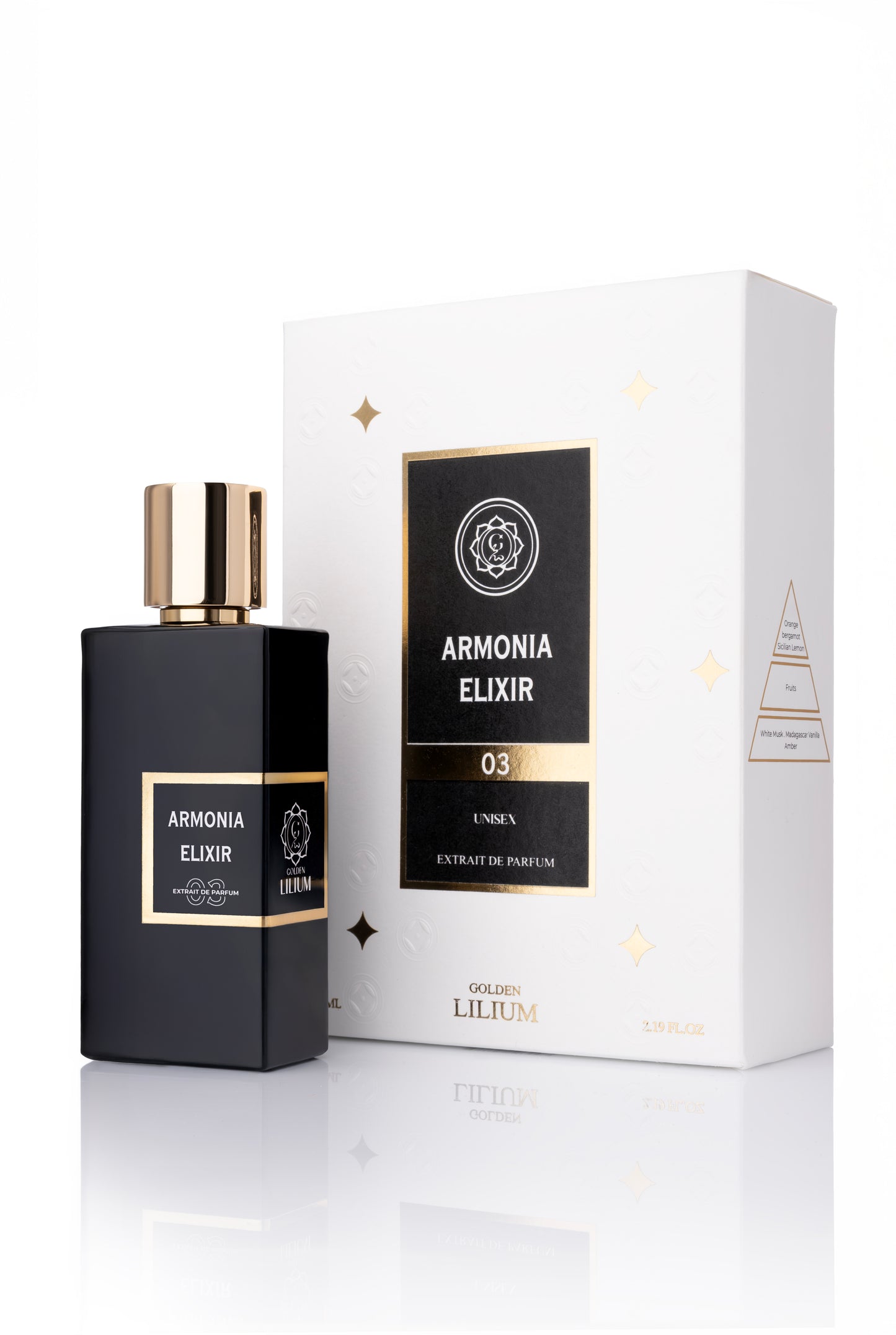 Black perfume bottle and packaging with 'Armonia Elixir' branding on a white background