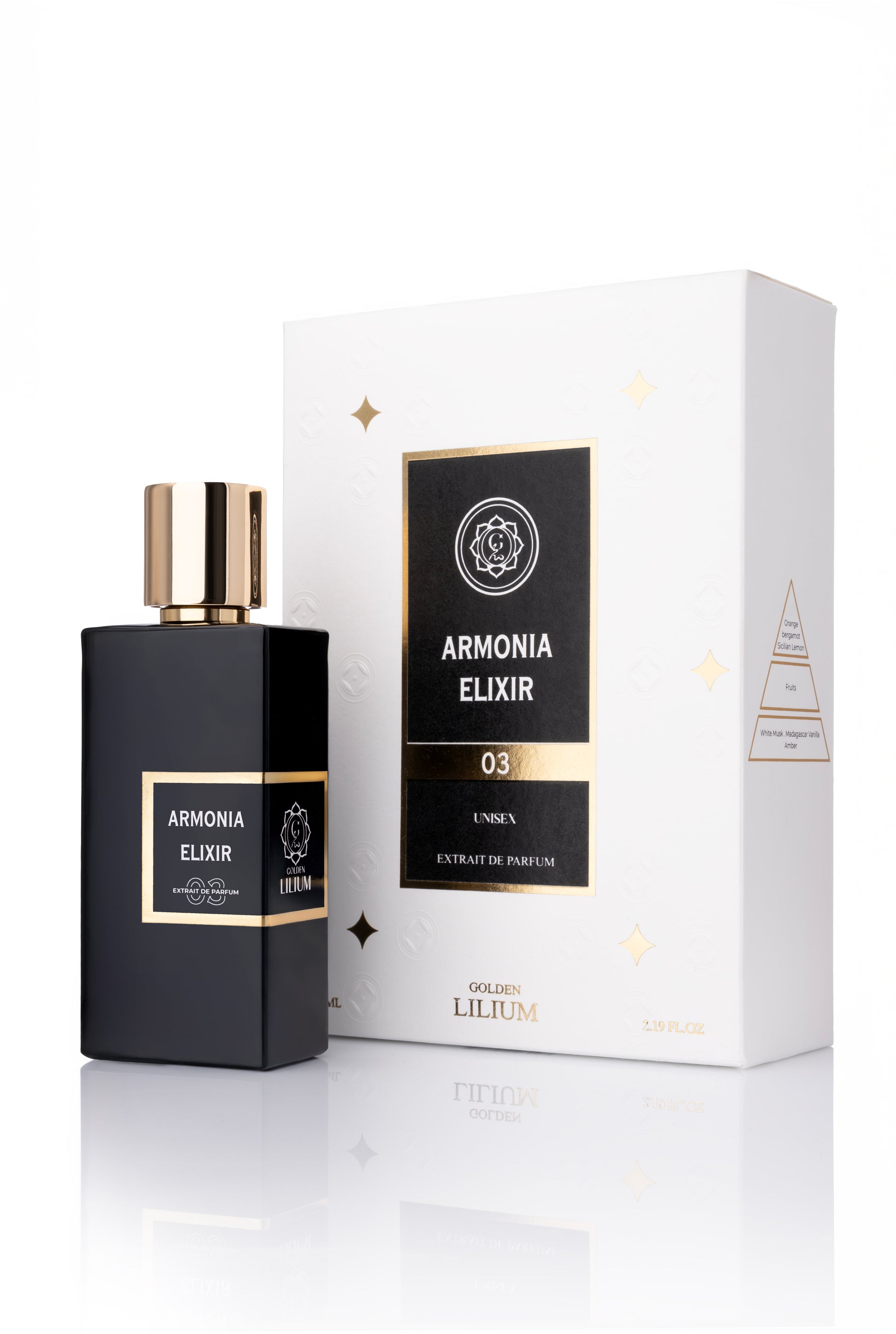Black perfume bottle and packaging with 'Armonia Elixir' branding on a white background
