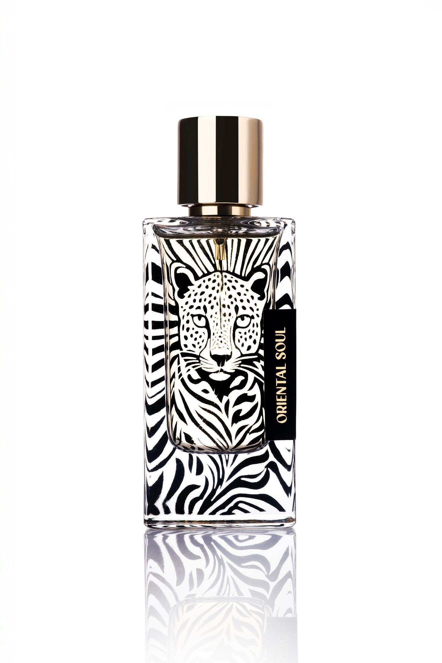 Perfume bottle with zebra pattern and leopard design on a white background  ORIENTAL SOUL PERFUME