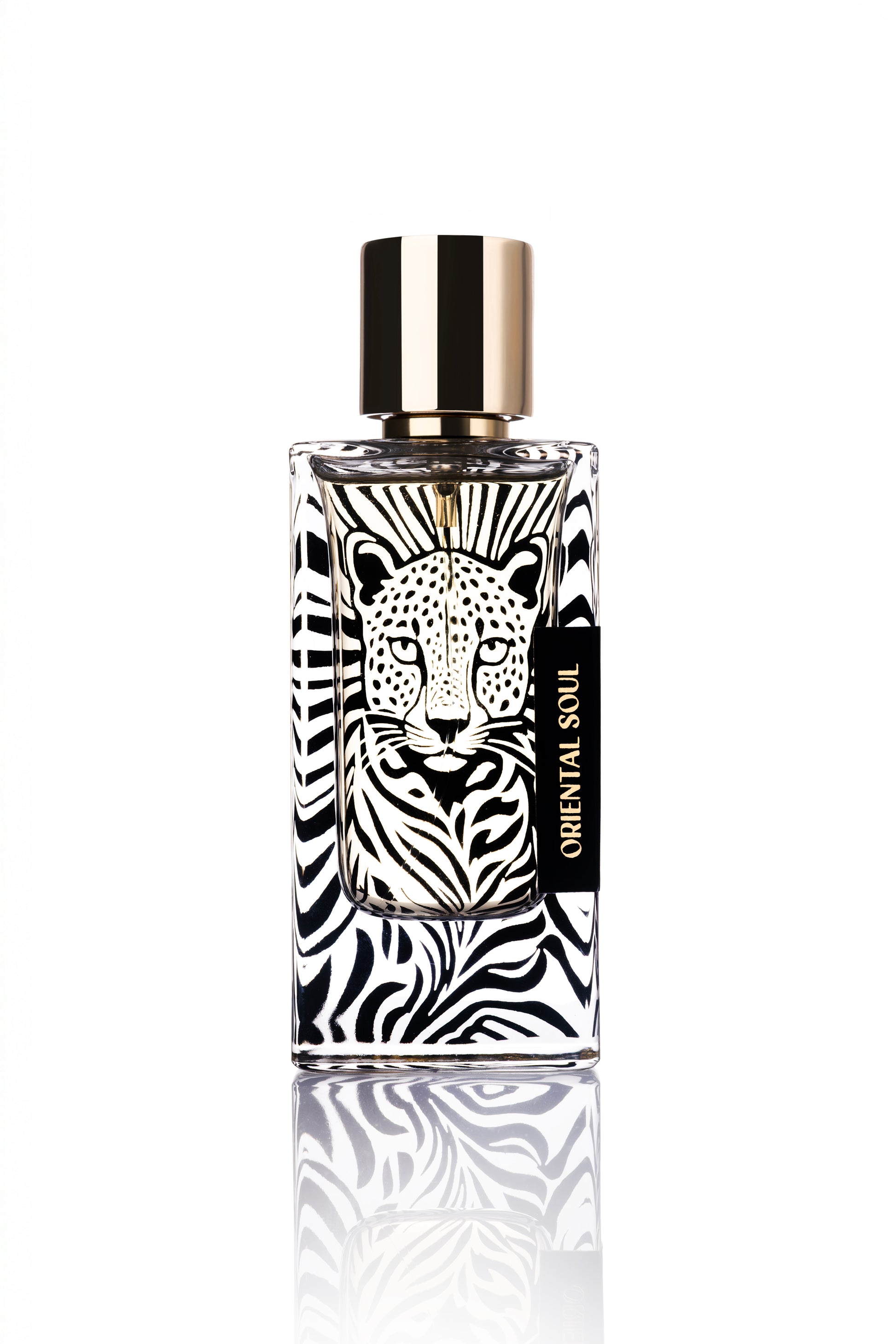 Perfume bottle with zebra pattern and leopard design on a white background  ORIENTAL SOUL PERFUME
