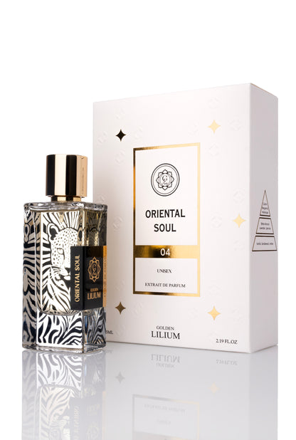 Perfume bottle and packaging with 'Oriental Soul' branding on a white background