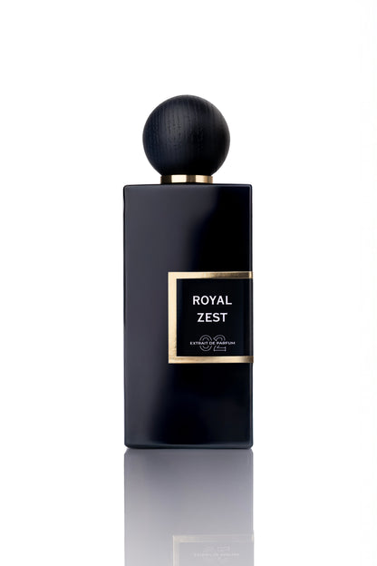Black perfume bottle labeled 'Royal Zest' on a white background