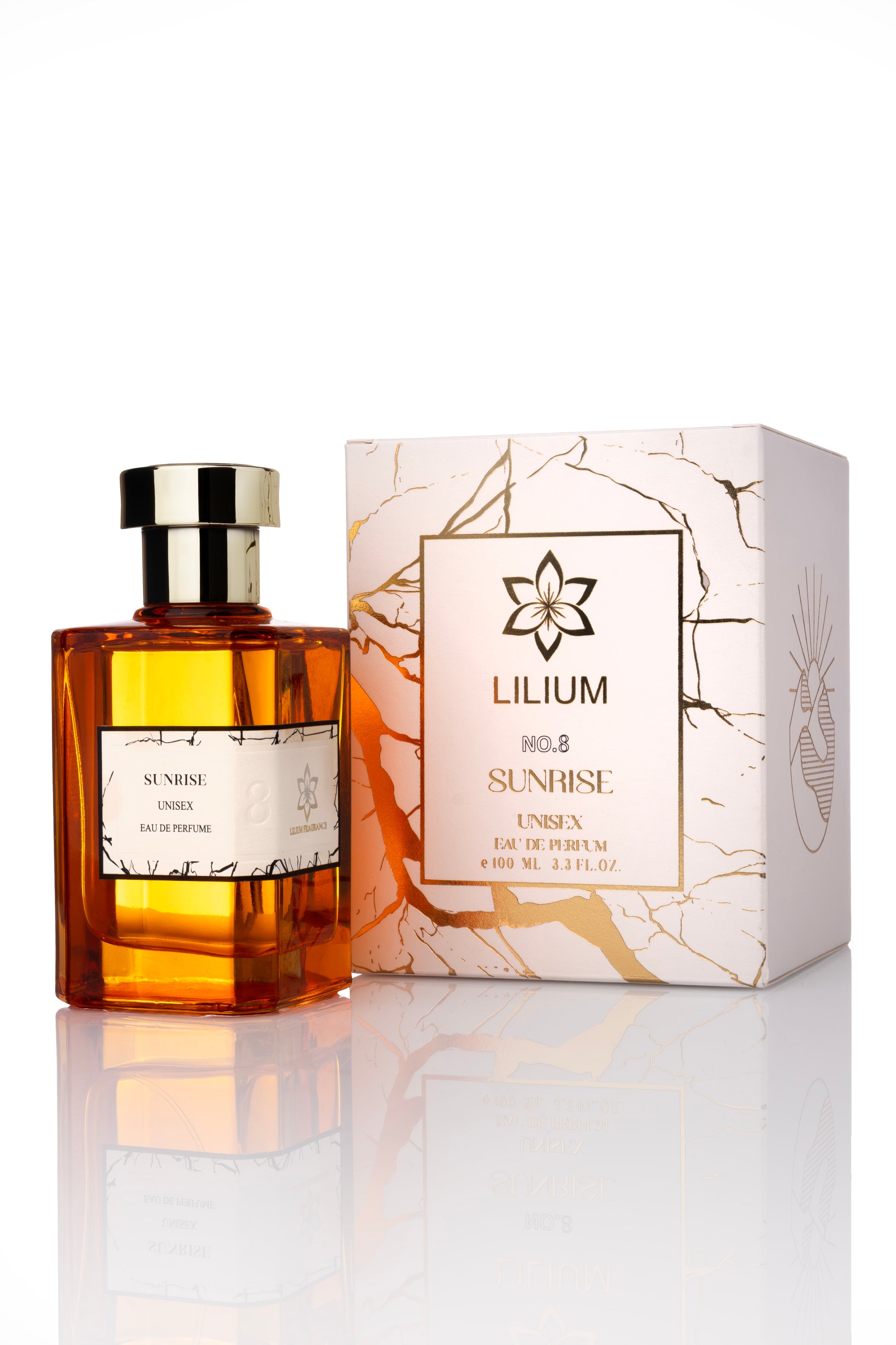 Perfume bottle and packaging with 'Lilium sunrise' branding on a white background