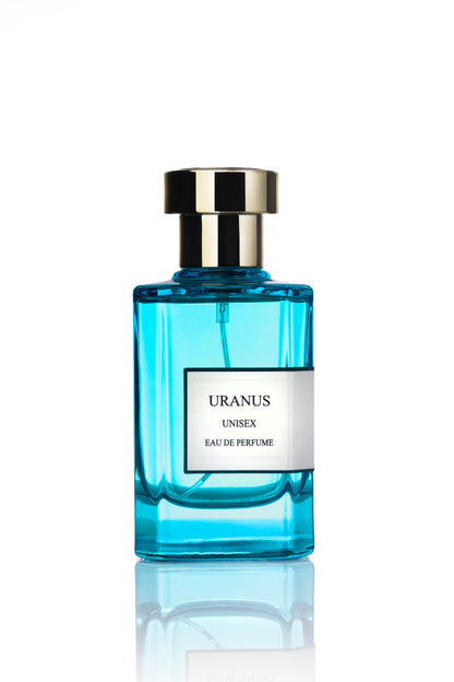 Blue perfume bottle labeled 'Uranus' on a white background
