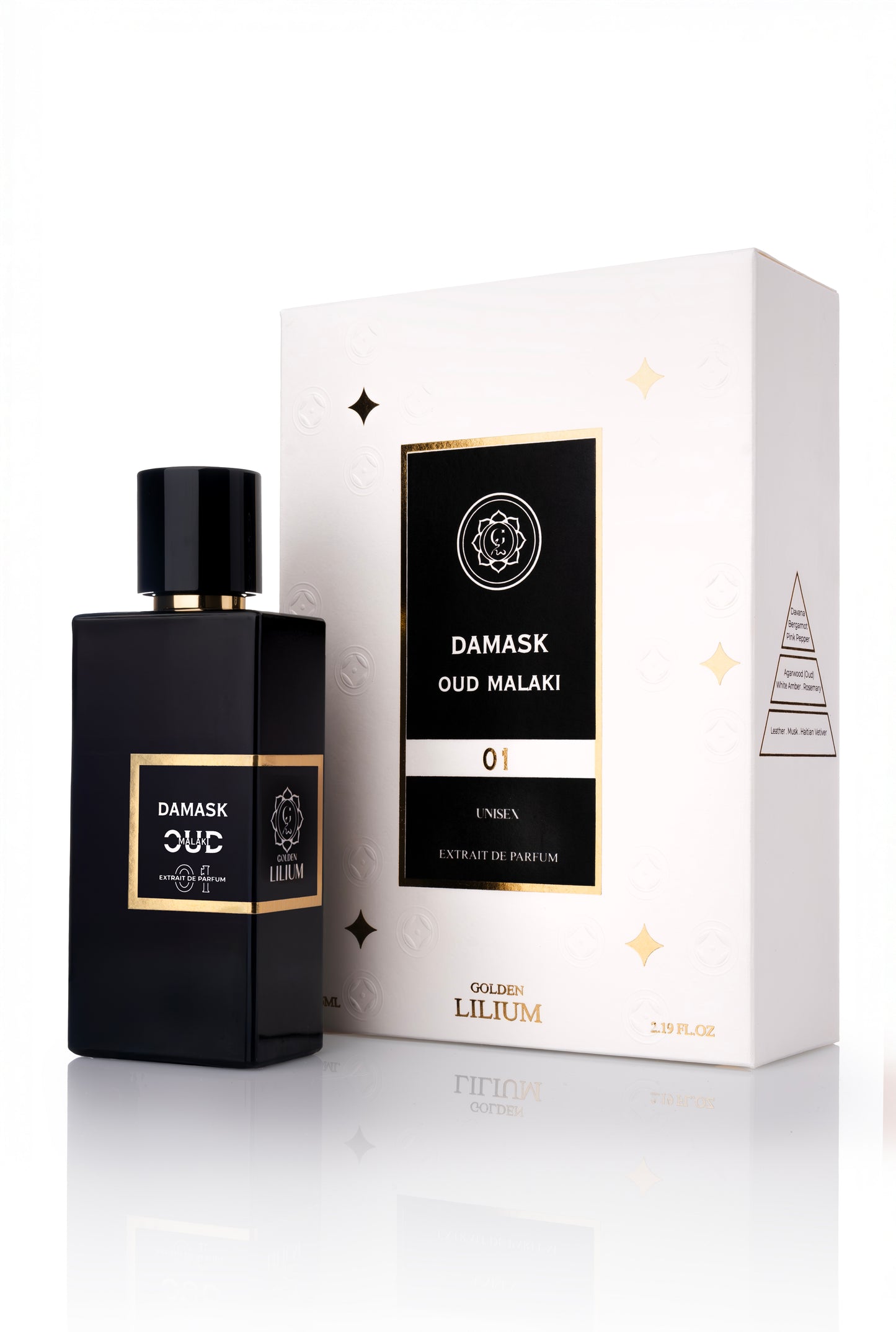 Black perfume bottle and white box with 'Damask Oud Malaki' branding on a white background