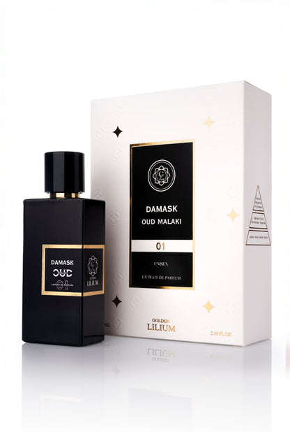 Black perfume bottle and white box with 'Damask Oud Malaki' branding on a white background