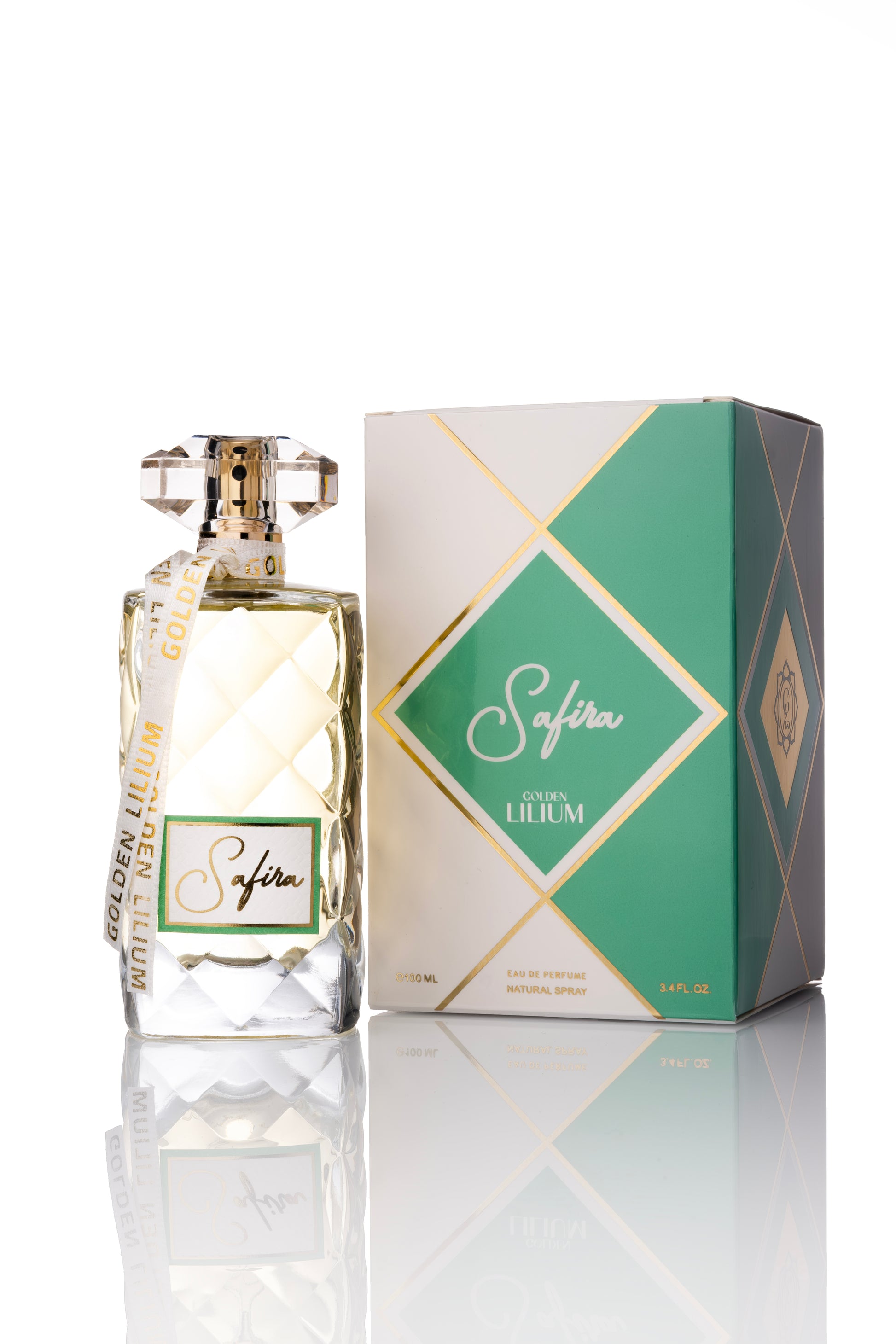 Safira perfume bottle and packaging on a white background