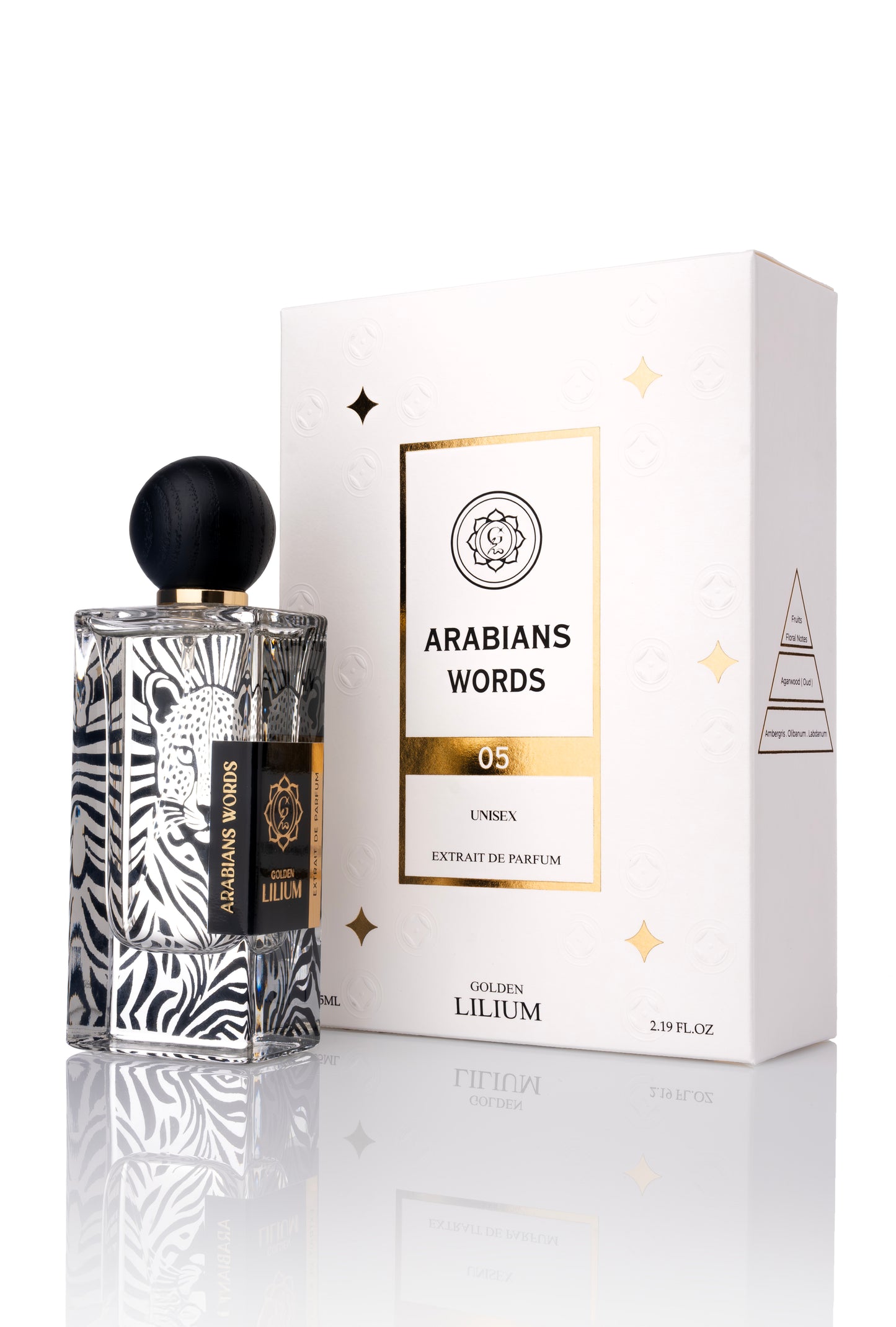 Perfume bottle and packaging of 'Arabians Words' on a white background