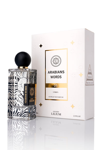 Perfume bottle and packaging of 'Arabians Words' on a white background
