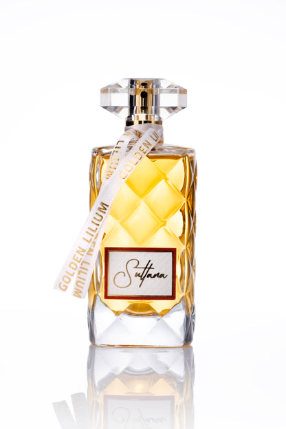 Perfume bottle with gold cap and label on a white background sultana female perfume