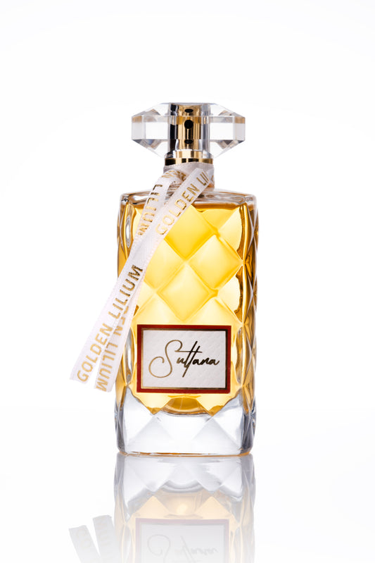 Perfume bottle with gold cap and label on a white background sultana female perfume