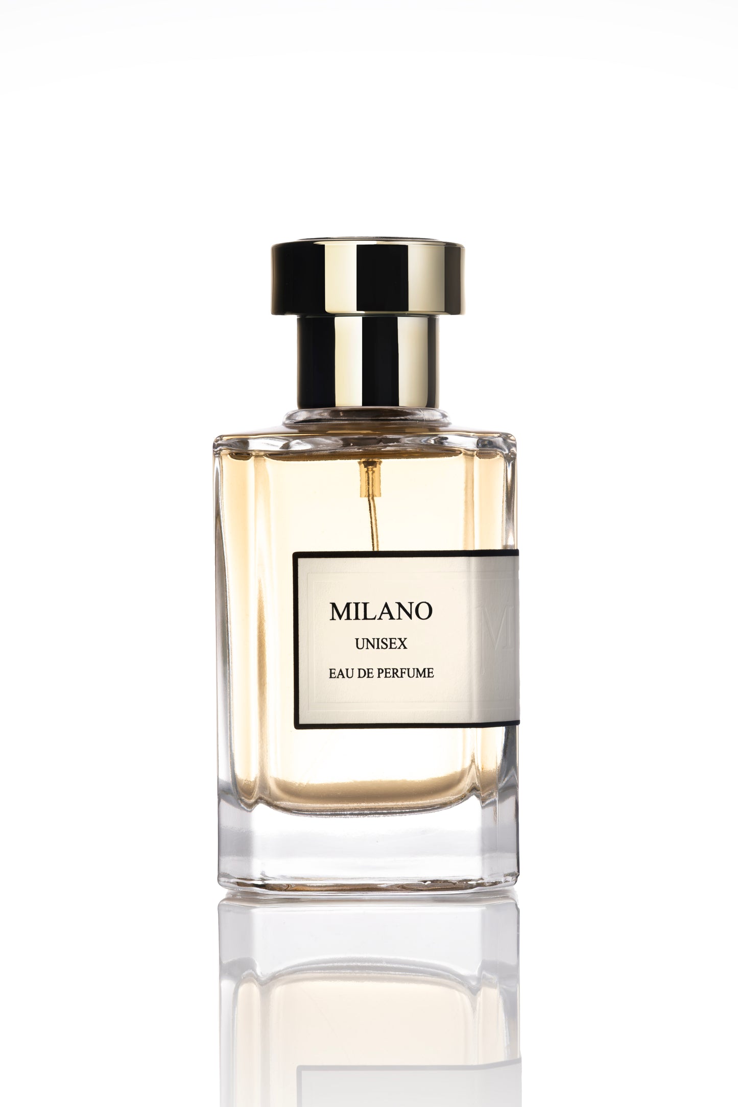 Perfume bottle labeled 'Milano' on a white background