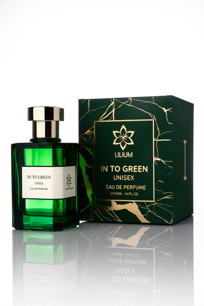 Green perfume bottle and packaging with 'Lilium' branding on a white background