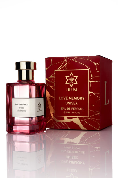 Perfume bottle and packaging of 'Love Memory' Unisex Eau de Parfum on a white background