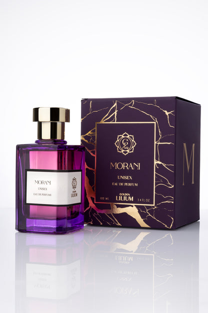 Purple perfume bottle with gold cap next to its packaging box on a white background morani perfume